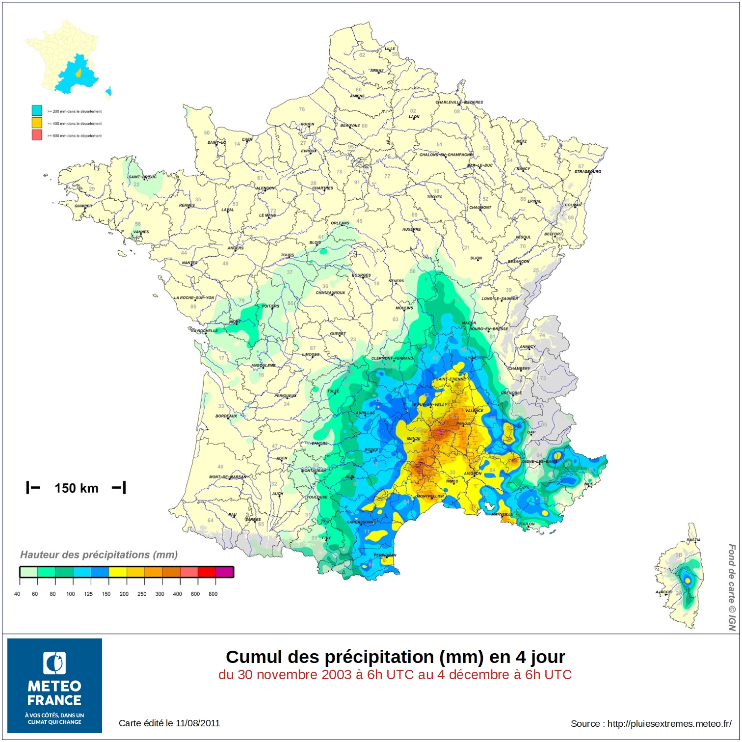 Carte Météo-France des cumuls de précipitation entre le 30 novembre et le 4 décembre 2003