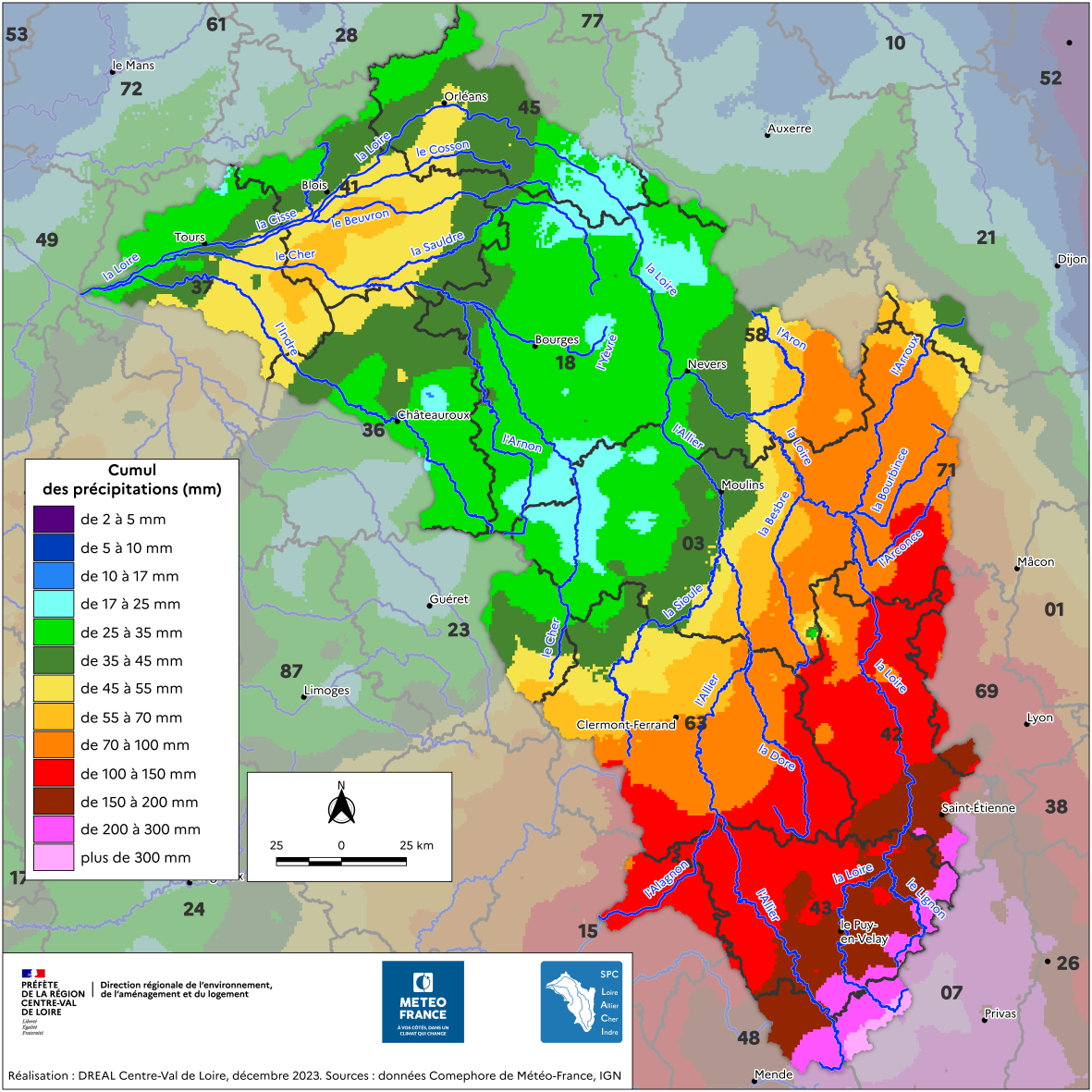Cumuls des précipitations en 4 jours, du 30/11/2003 à 6h UTC au 4/12/2003 à 6h UTC, sur le territoire du SPC Loire-Allier-Cher-Indre (données Comephore Météo-France)