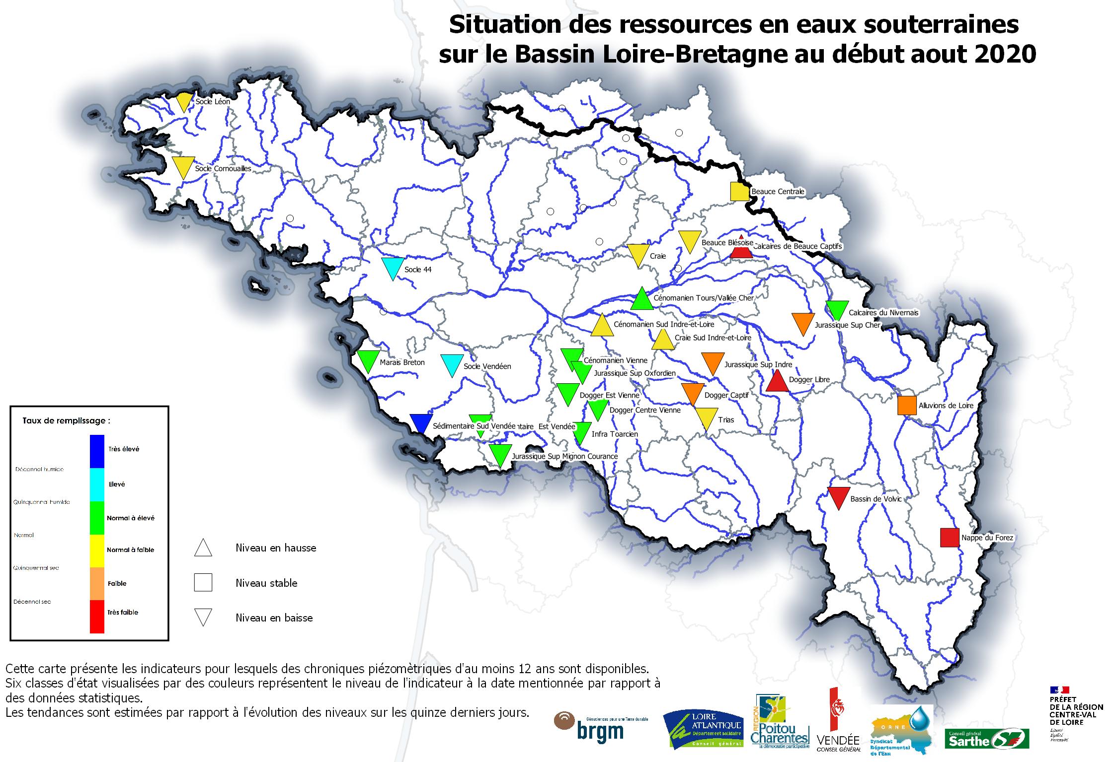 Carte de situation des ressources en eaux souterraines sur le Bassin Loire-Bretagne