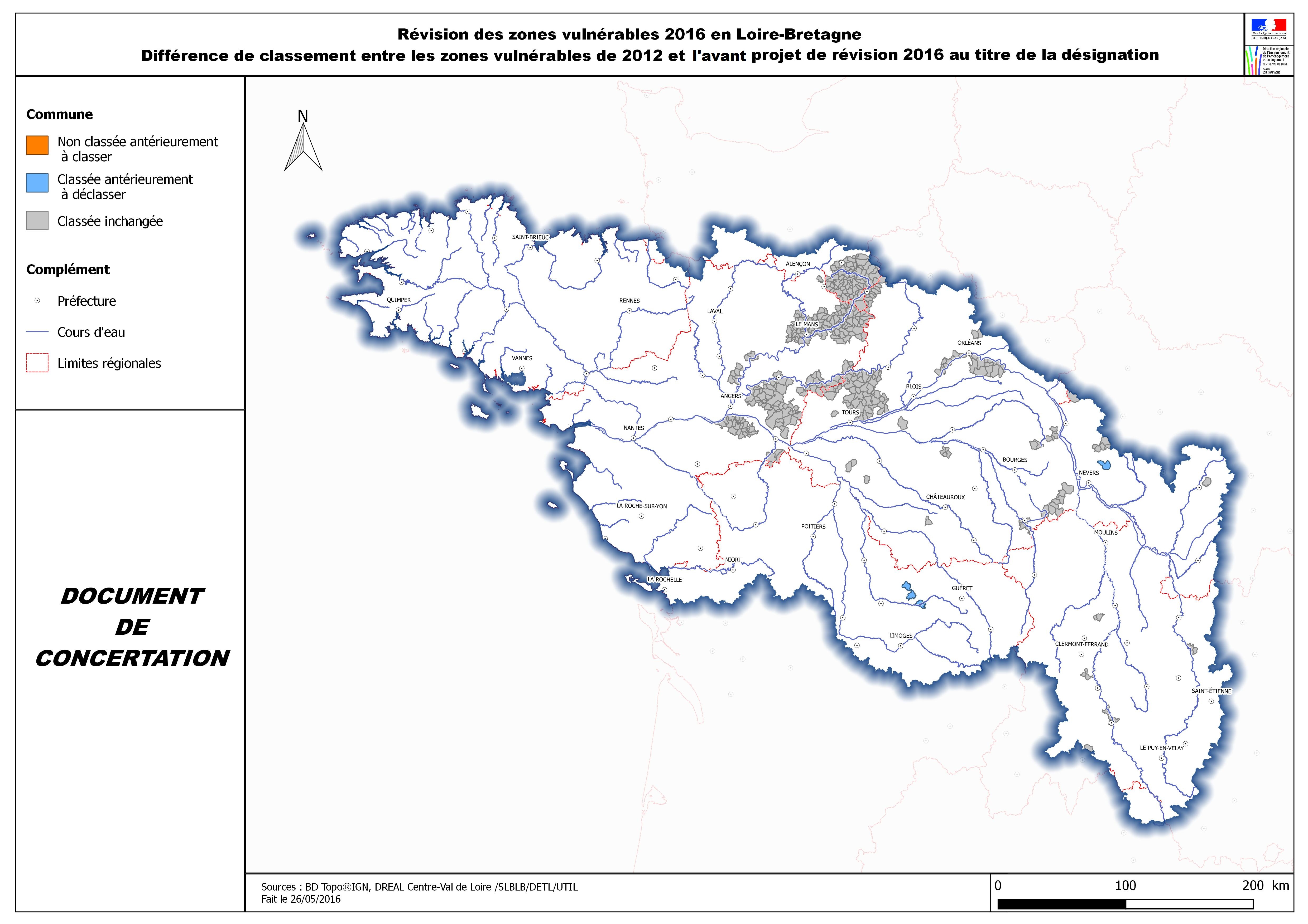 Carte présentant les évolutions résultant de l’avant-projet de zonage faisant suite à la sixième campagne de surveillance, par rapport à l’extension de 2012 