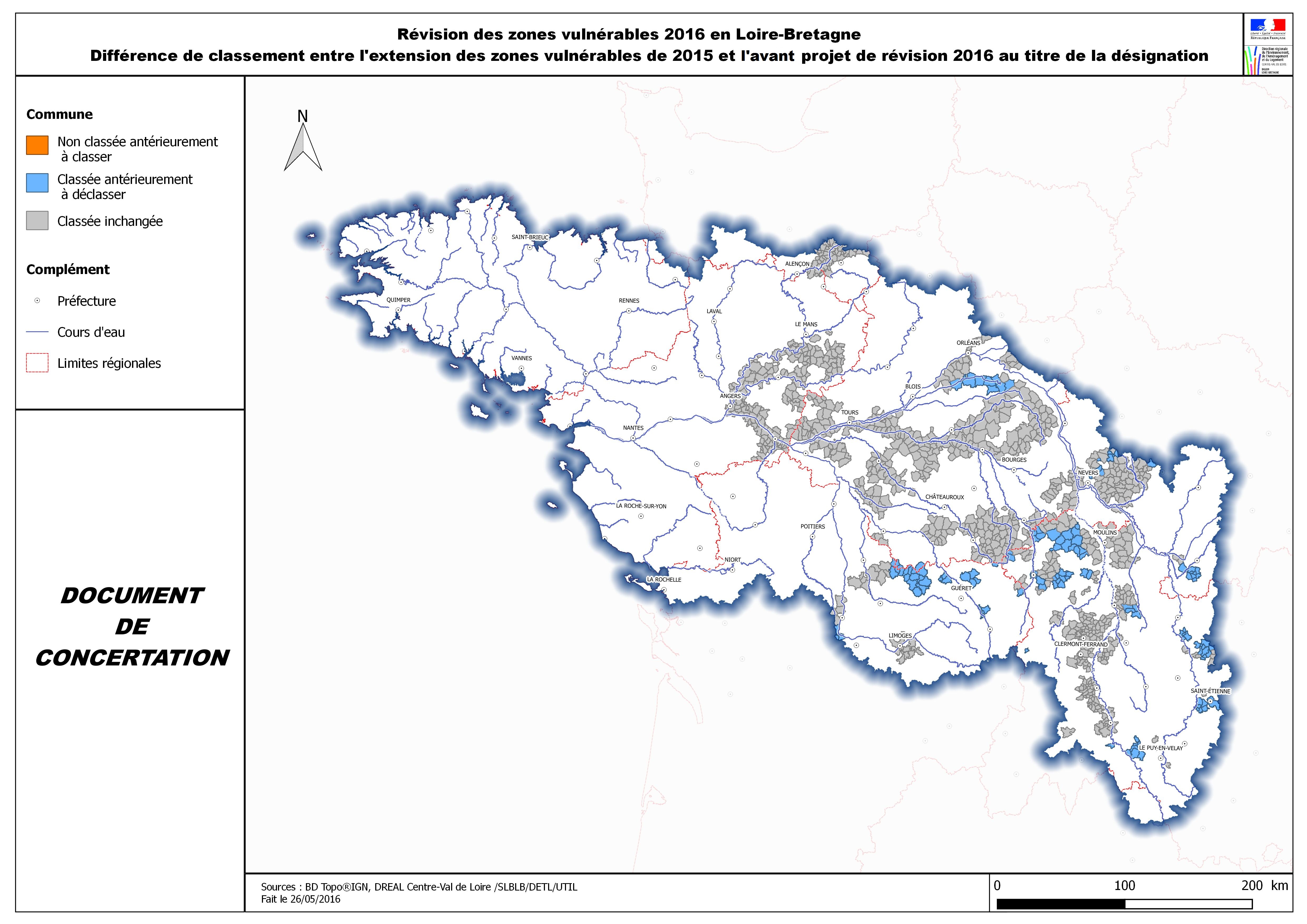 Carte présentant les évolutions résultant de l’avant-projet de zonage faisant suite à la sixième campagne de surveillance, par rapport à l’extension de 2015
