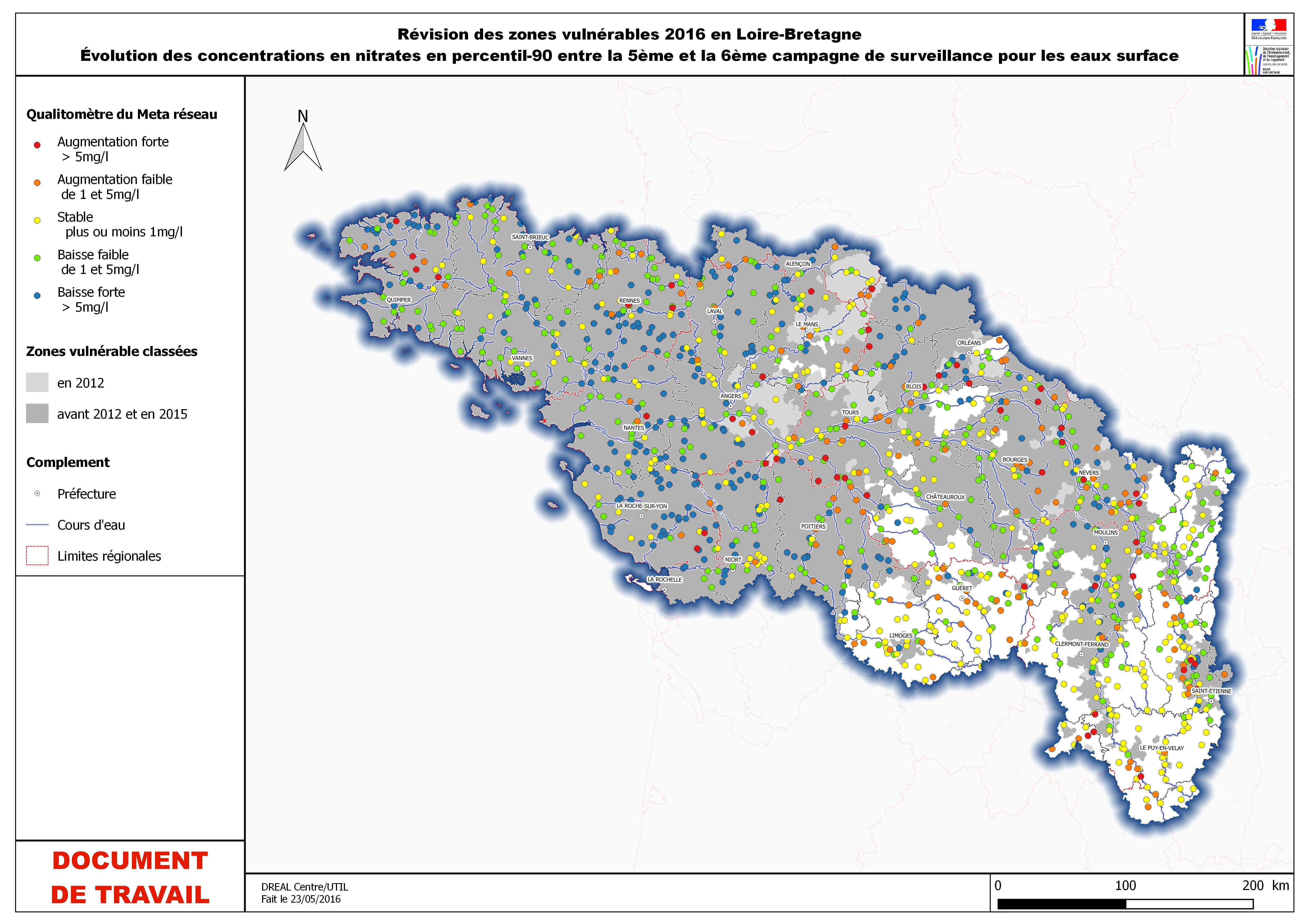 Carte d’évolution des concentrations en nitrates en percentile 90 entre la 5ème et la 6ème campagne de surveillance pour les eaux de surface