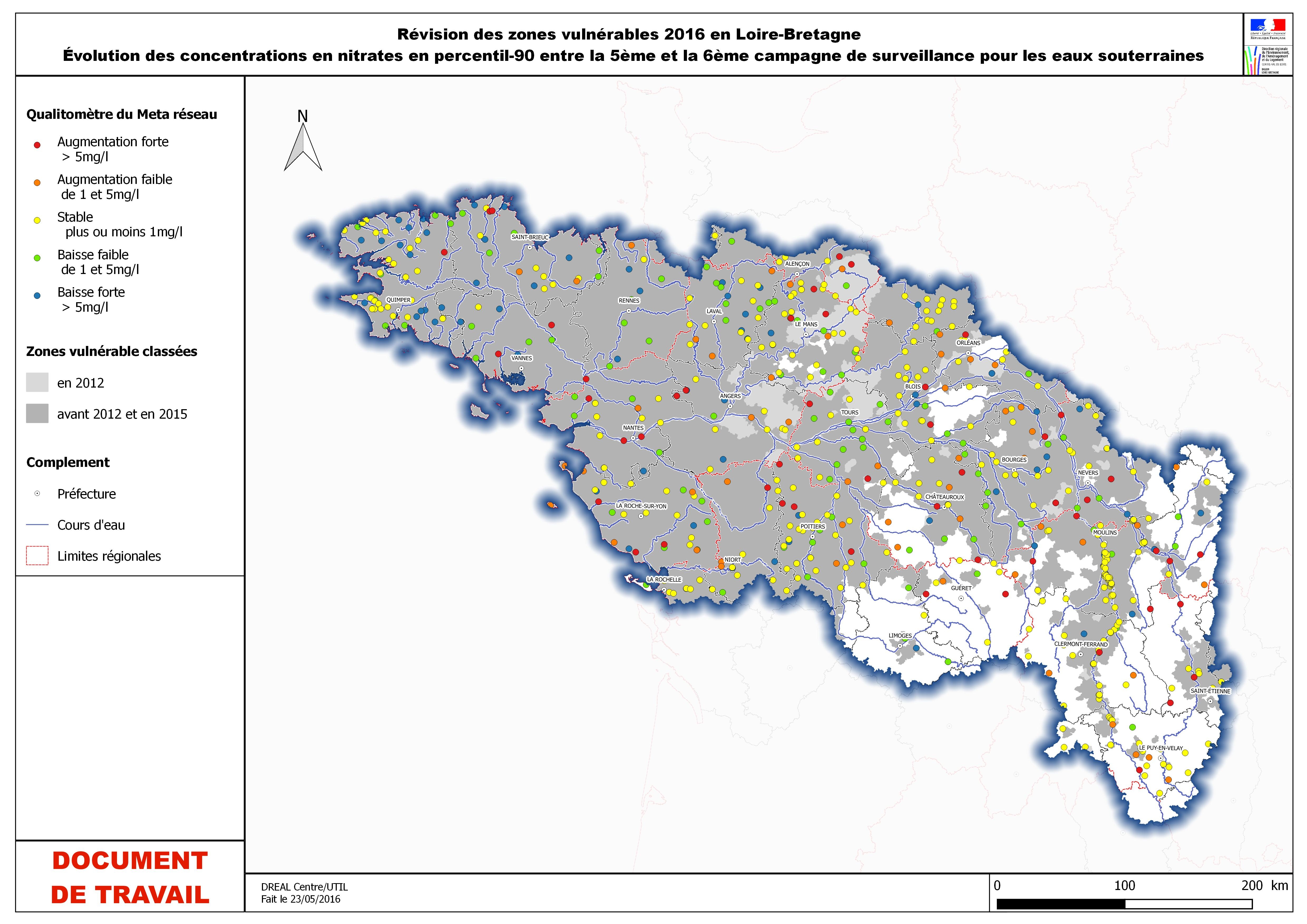 Carte d’évolution des concentrations en nitrates en percentile 90 entre la 5ème et la 6ème campagne de surveillance pour les eaux souterraines
