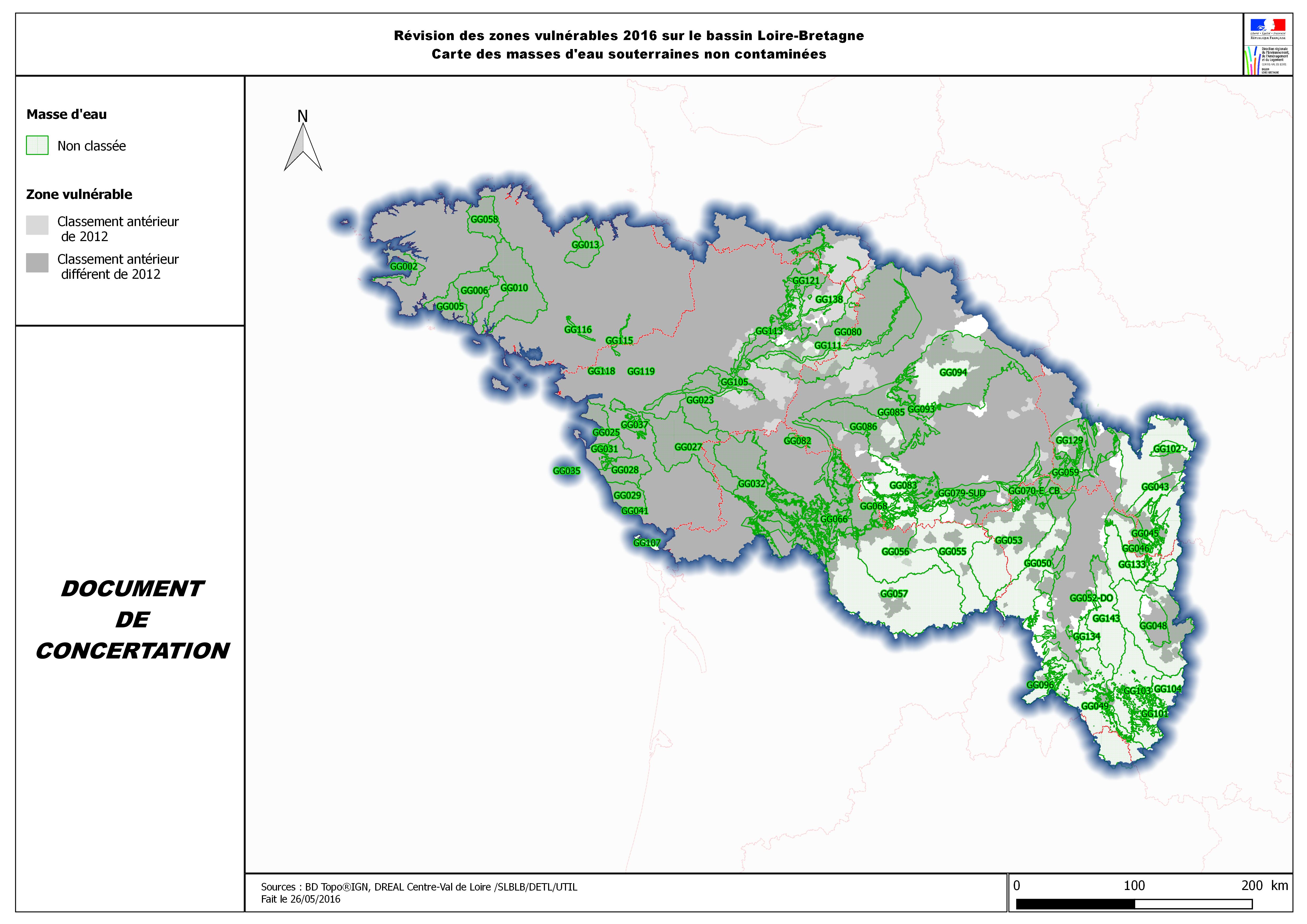 Carte des masses d’eau souterraines non contaminées