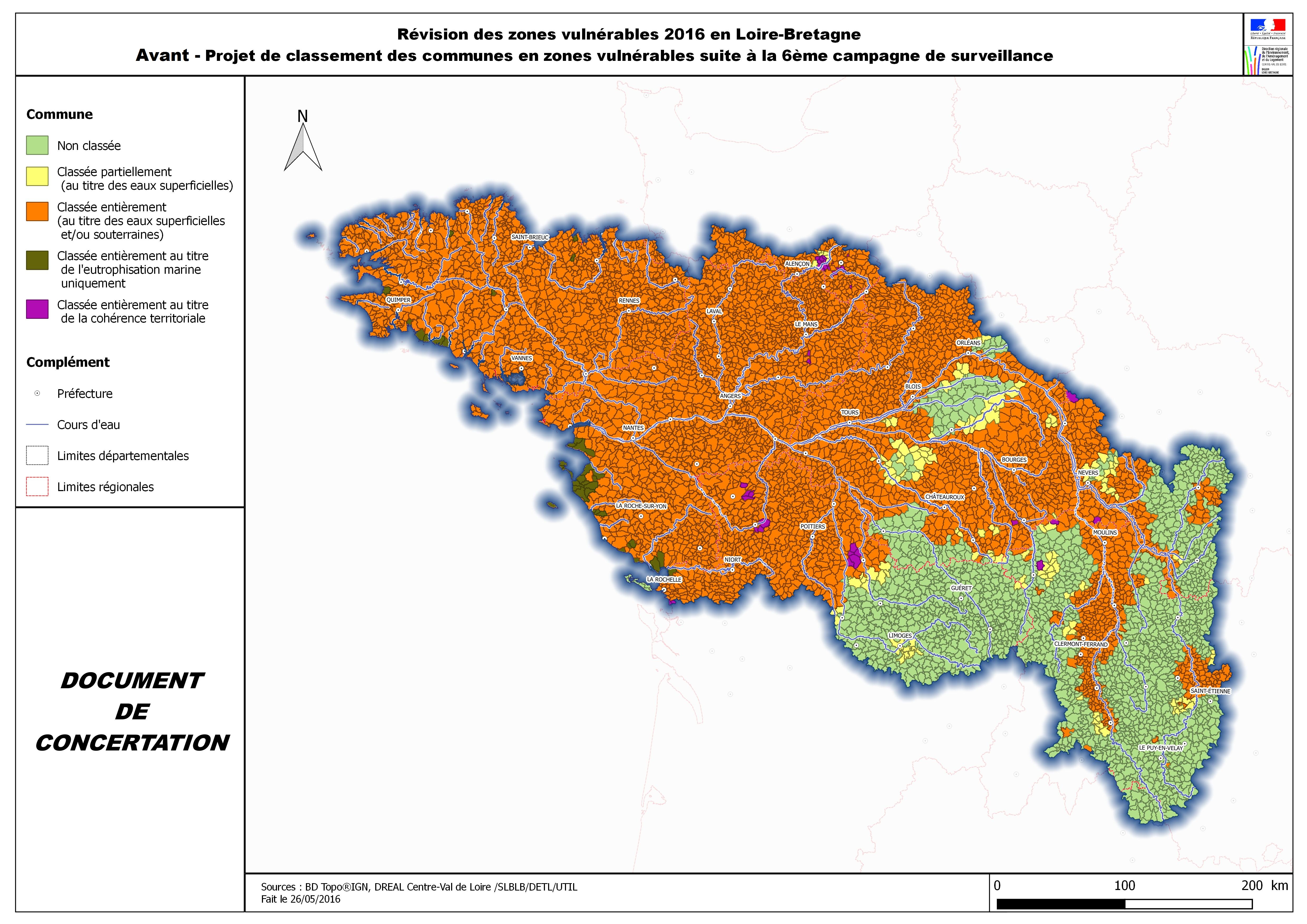 Carte d’avant-projet de désignation des communes en zone vulnérables suite à la 6ème campagne de surveillance