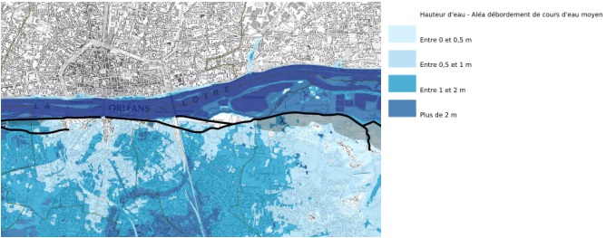 Extrait de la cartographie TRI à Orléans, carte de l'aléa moyen, 2013