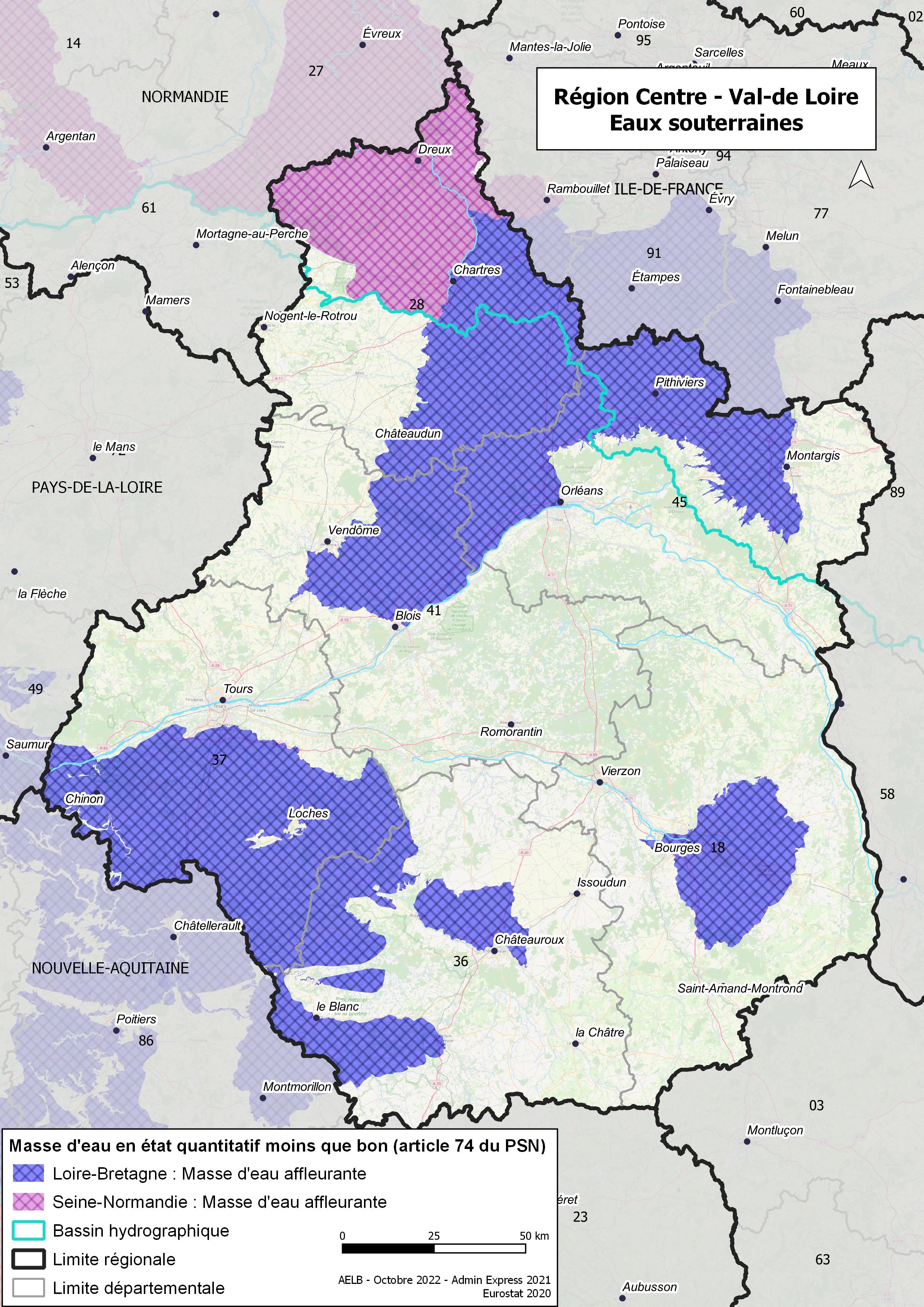 Masses d'eau en état quantitatif moins que bon au sens du PSN (eaux souterraines)
