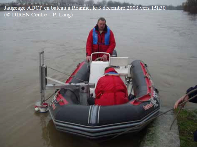 Jaugeage ADCP en bateau à Roanne, le 3 décembre 2003