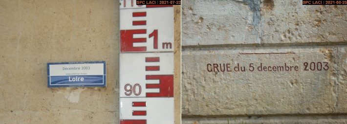 Exemples de repères matérialisés de la crue de décembre 2003 à Gilly-sur-Loire (à gauche) et à Nevers (à droite)