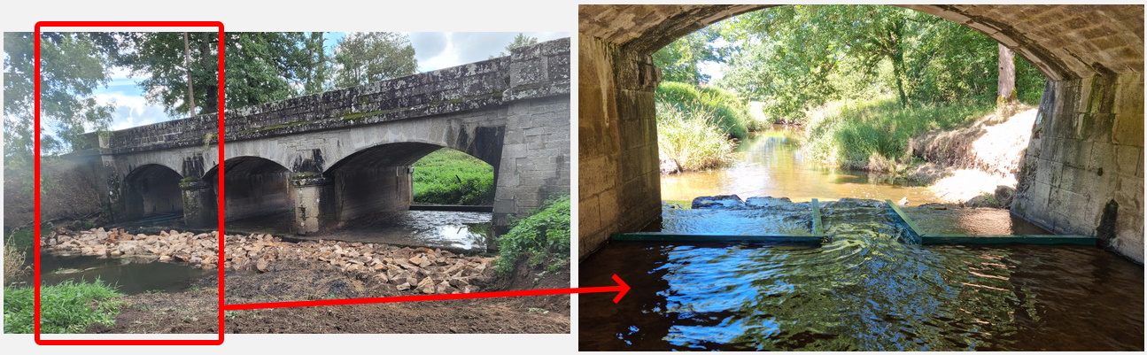 Aménagement de section de cours d'eau avec réduction à une arche et contraction forcée de l’écoulement de très basses eaux, sur la Voueize à Gouzon