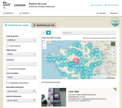 Page d'accueil de la plateforme des repères de crues