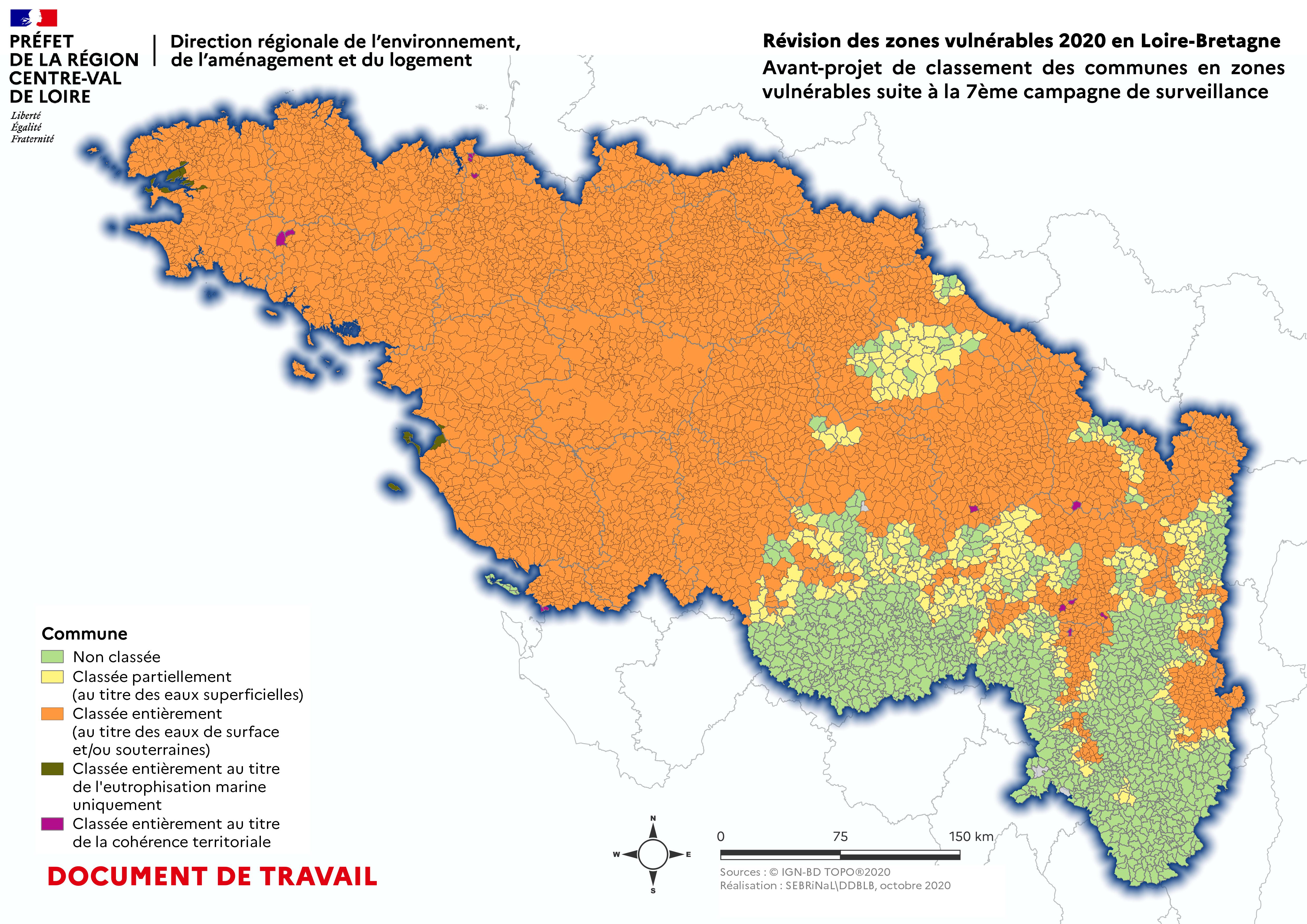 Carte à l’échelle du bassin présentant l’avant-projet de désignation des communes en zones vulnérables