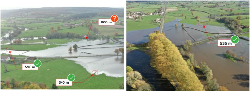 Deux photographies d’un même secteur inondé par la Bourbince en novembre 2023. Sur le cliché de gauche, à 800 m du point de décollage, la zone inondée est plus difficile à délimiter. Le cliché de droite, pris depuis un autre point de décollage permet de compléter l’analyse.