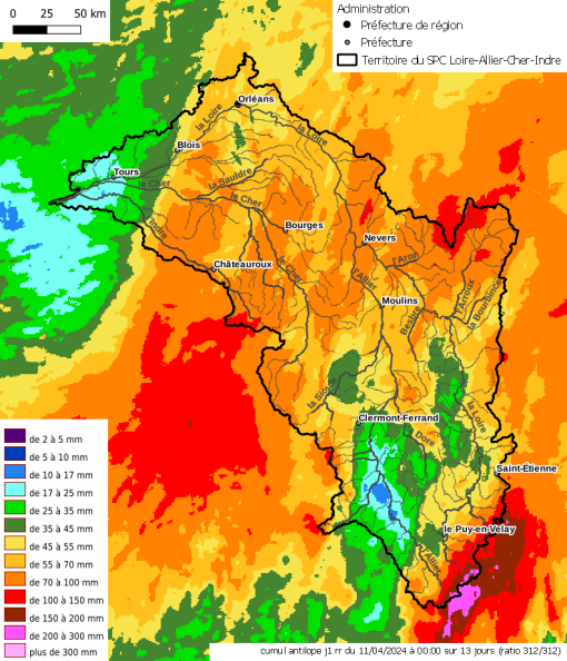Cumul de pluie sur 13 jours, du 29/03/2024 00:00 TU au 11/04/2024 00:00 TU (Antilope J+1, source Météo France / Lamedo). Les plus forts cumuls (supérieurs à 100 mm, rouge à rose clair) sont surtout localisés sur les sources de la Loire et de l’Allier, et sur l’amont du bassin de l’Arroux.
