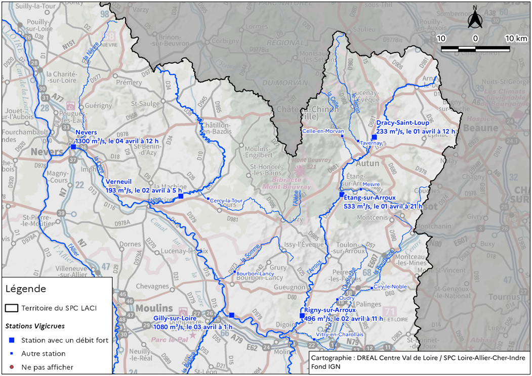 Carte des débits maximums observés aux stations hydrométriques dans le secteur du Morvans