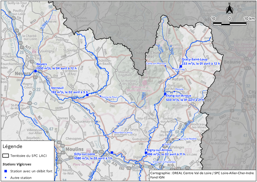 Carte des débits maximums observés aux stations hydrométriques dans le secteur du Morvans