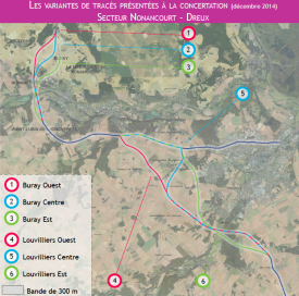 Secteur Nonancourt-Dreux, la carte des variantes de tracés sur photos aériennes
